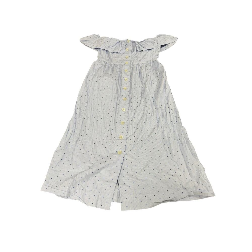 H&M 8 Striped Blue Polka Dot Button Up Off The Shoulder Ruffle Summer Midi Dress - Picture 2 of 8